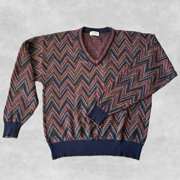 Tricots St Raphael Sweater Vintage 90s V Neck Zig Zag Jewel Tones-Men's Size L - Picture 2 of 9